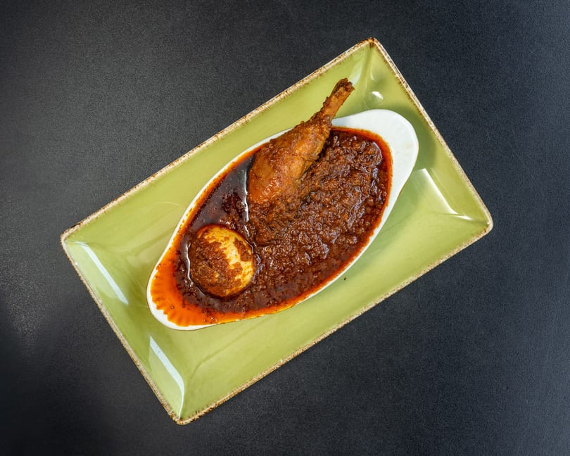 A chicken drumstick and a hard-boiled egg in a rich, dark red sauce, served in a white dish on a green plate.